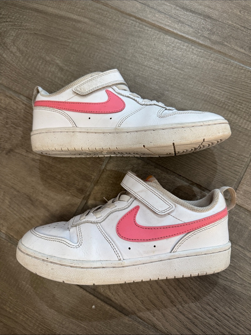 Nike Kids White Sneakers with Pink Swoosh and Velcro Strap